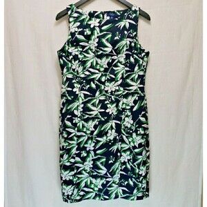 Chaps Floral Sheath Dress Navy Green White Sleeveless Size 14 Floral Botanical
